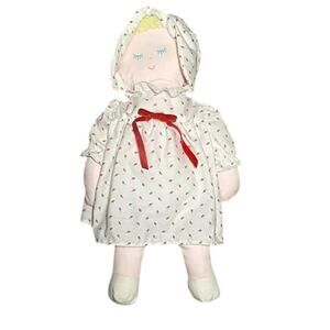 Vintage Eden Toys Prairie Doll Blonde Yarn Hair White Floral Dress & Bonnet